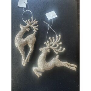 Gold Glitter Reindeer Christmas Ornaments Set of 2 Holiday Tree Decor